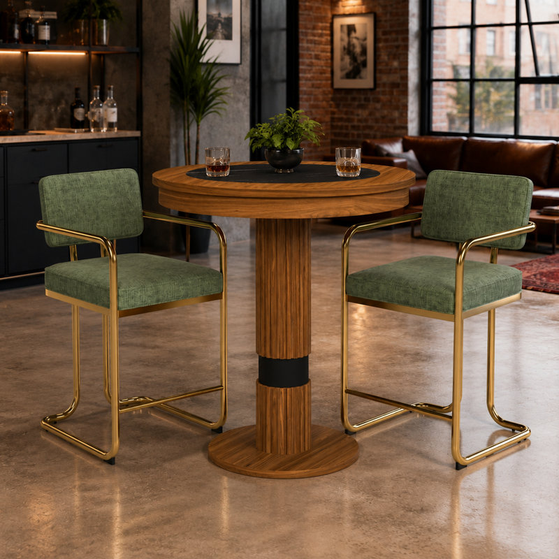 Prohibition Series 30" Pub Table - With Two Vintage - Armed Barstools By RAM Game Room, Brown/Green/Gold