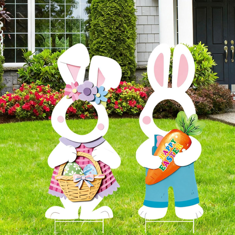 2 pièces Joyeuses Pâques Visage des décorations de jardin Mignon lapin