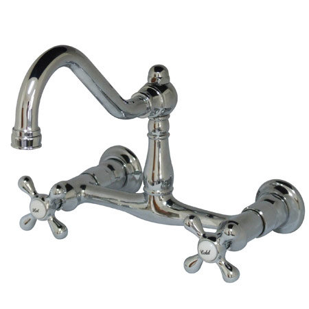 Robinet de salle de bain mural avec poignées doubles en métal, Chrome poli