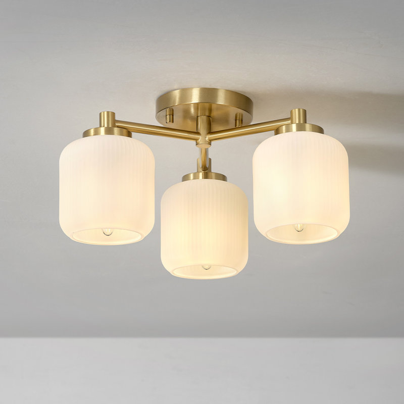3-Light Brass Flush Mount Ceiling Light with Frosted Ribbed Glass Shades
