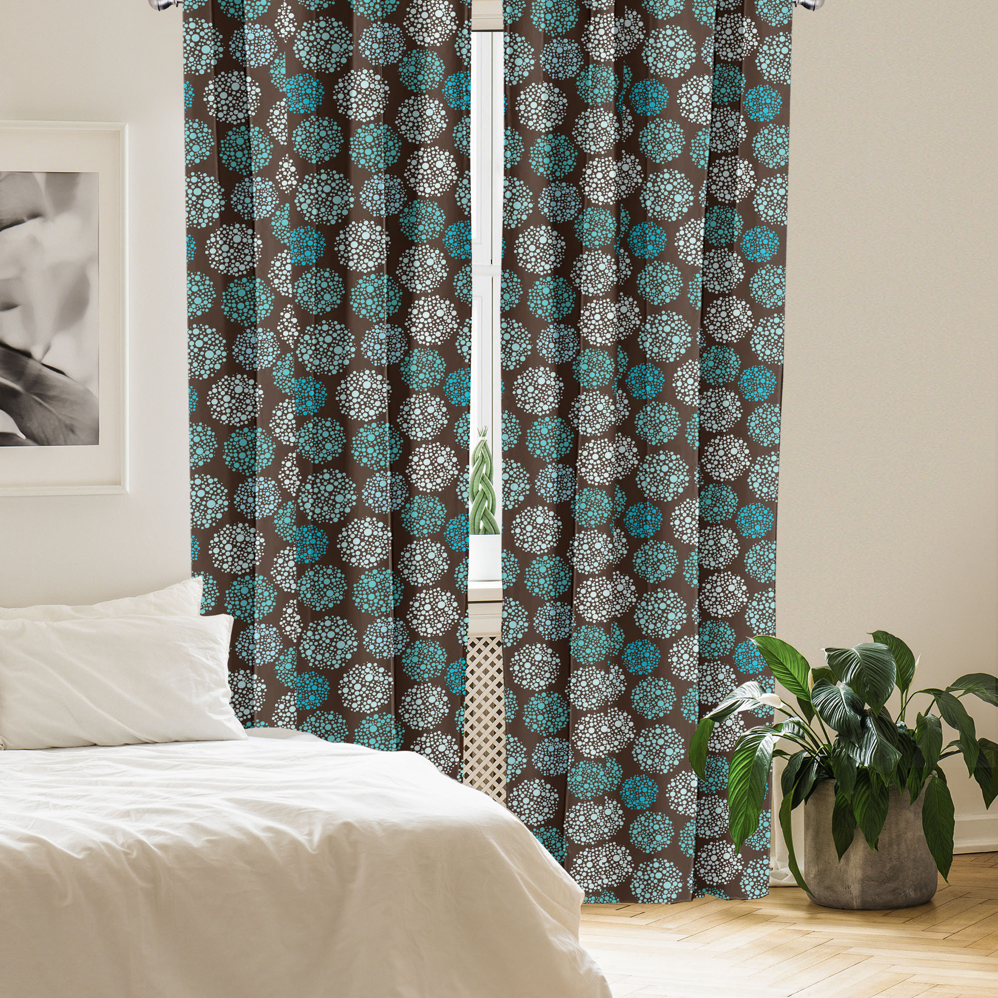 Red Barrel Studio® Brown and Blue 4-Panel Curtains, Dots and Circles ...