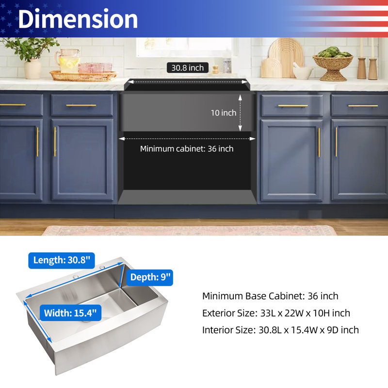 33'' L Single Bowl Stainless Steel Kitchen Sink