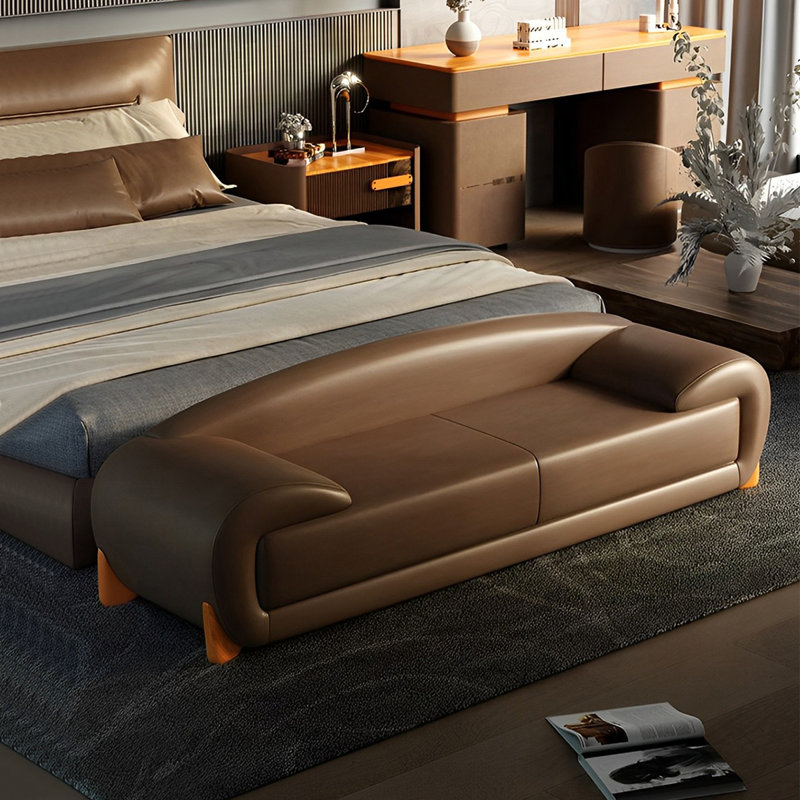 Banc rembourré en cuir véritable Nevaehmarie, H 19,68 po x l 59,05 po x P 19,68 po, Café
