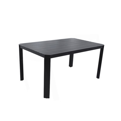 Modern Outdoor Aluminum Table With Alternating Wide And Narrow Slats, Angled Corners, Umbrella Hole, And Adjustable Non-Slip Pads