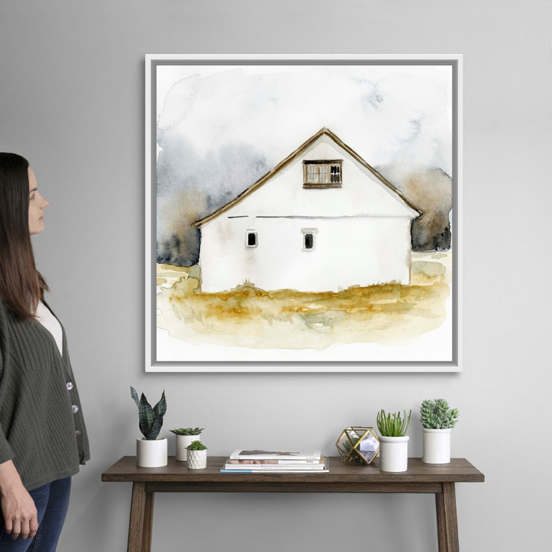 Reproduction d’art sur toile, "Barn Watercolor I" par Victoria Barnes, Cadre flottant blanc, H 38 po x l 38 po x P 1,75 po