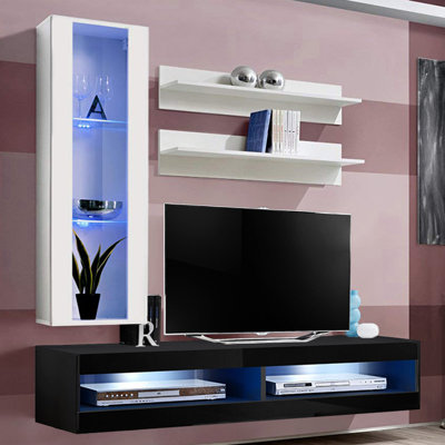 Lieb 63" Modern Floating Wall Mounted Entertainment Center with 16-Color LED Lighting, High Gloss Finish