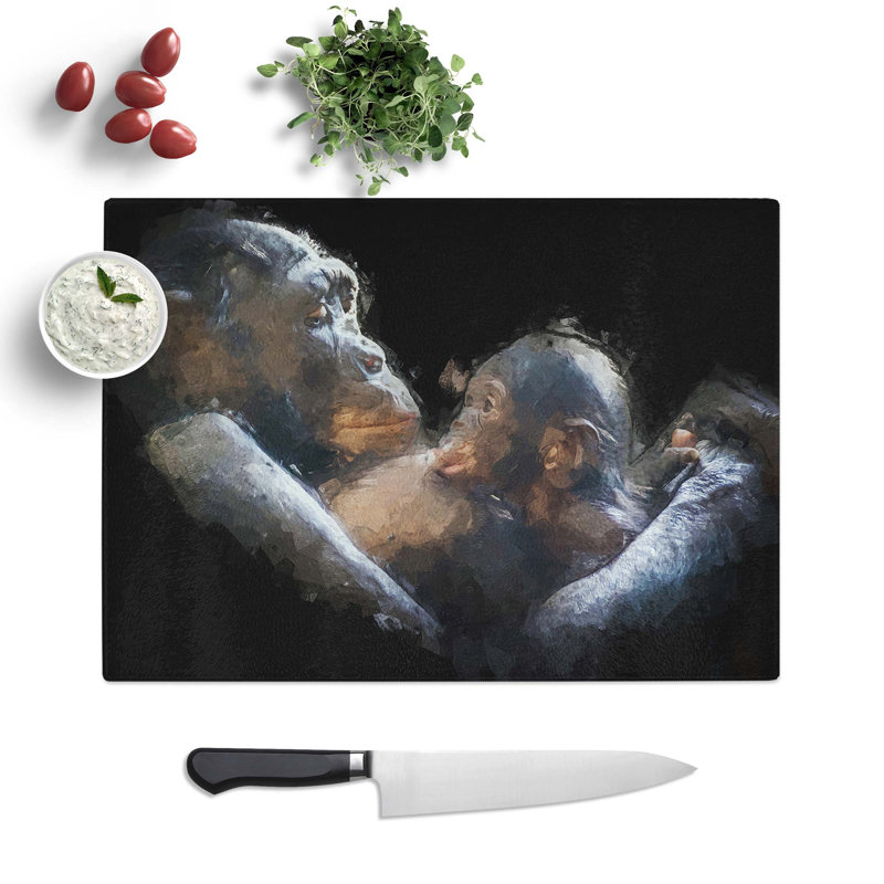 Glass Gorilla Mother & Child in Abstract Chopping Board, 39 cm W x 28.5 cm L