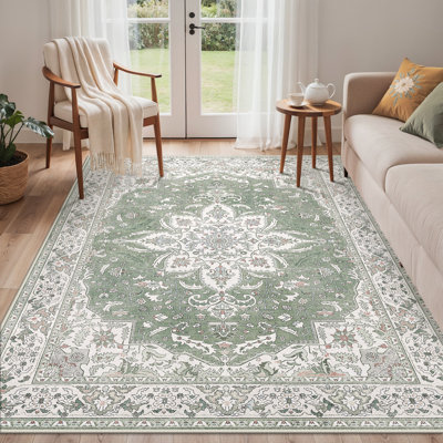 Tapis oriental beige sauge Roehit, lavable à la machine avec envers antidérapant