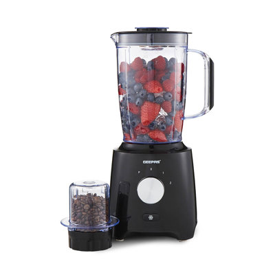 GEEPAS 2-in-1 Food Jug Blender | 1.8L Juice Jar & 60G Mini Coffee Spice Mill | 6-Leaf Stainless-Steel Blades 2 Speed & Pulse Lockable Lid Smoothie Maker Turbo Button for Ice Crushing | 600W