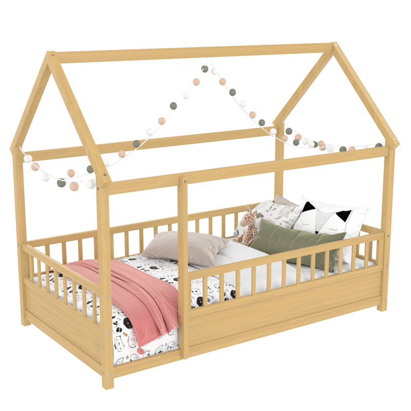 Twin Size Floor Bed Frame With High Fence And House Frame, Natural Color, Pine, Stable Design, Spacious Entrance Roof Guardrails, Easy Assembly, Safe For