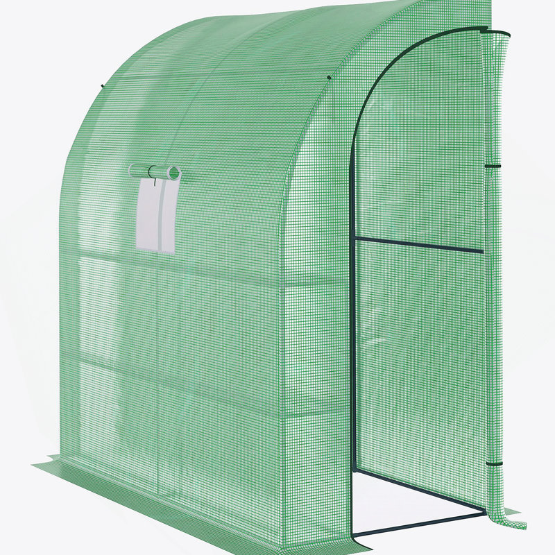 7' X 3' X 7' Lean To Greenhouse, Walk-In Green House, Plant Nursery With 2 Roll-Up Doors And Windows, PE Cover And 3 Wire Shelves, Green