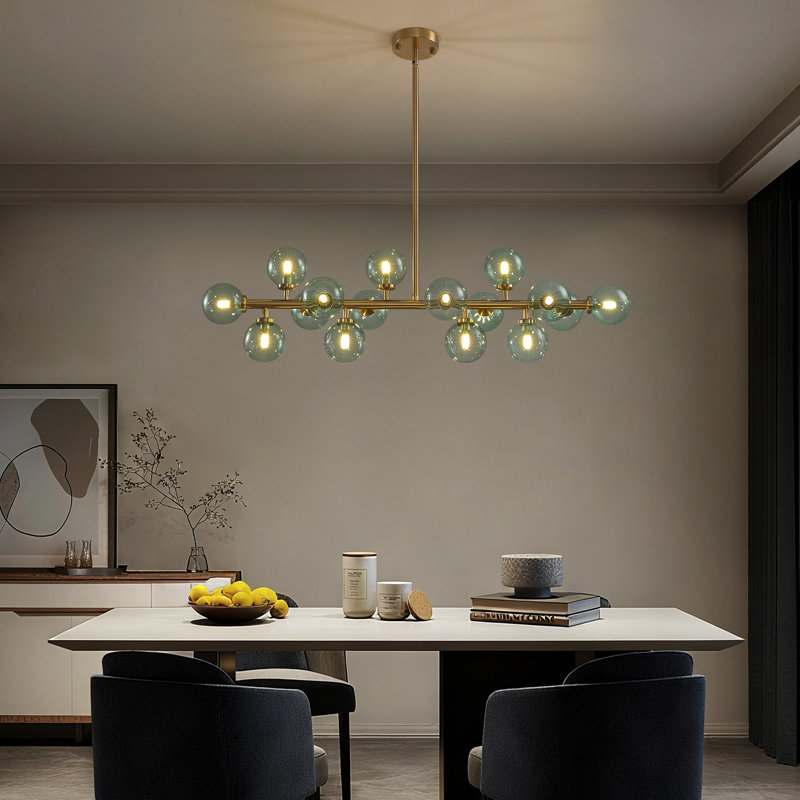 16 - Light Dimmable Green Glass Sputnik Modern Linear Chandelier, Green