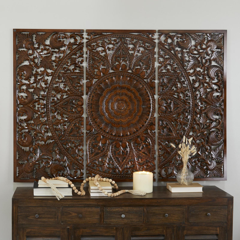 Wooden Handmade Intricately Carved Floral Home Wall Decor with Mandala Design, Brown, 48" H x 66" W x 1" D