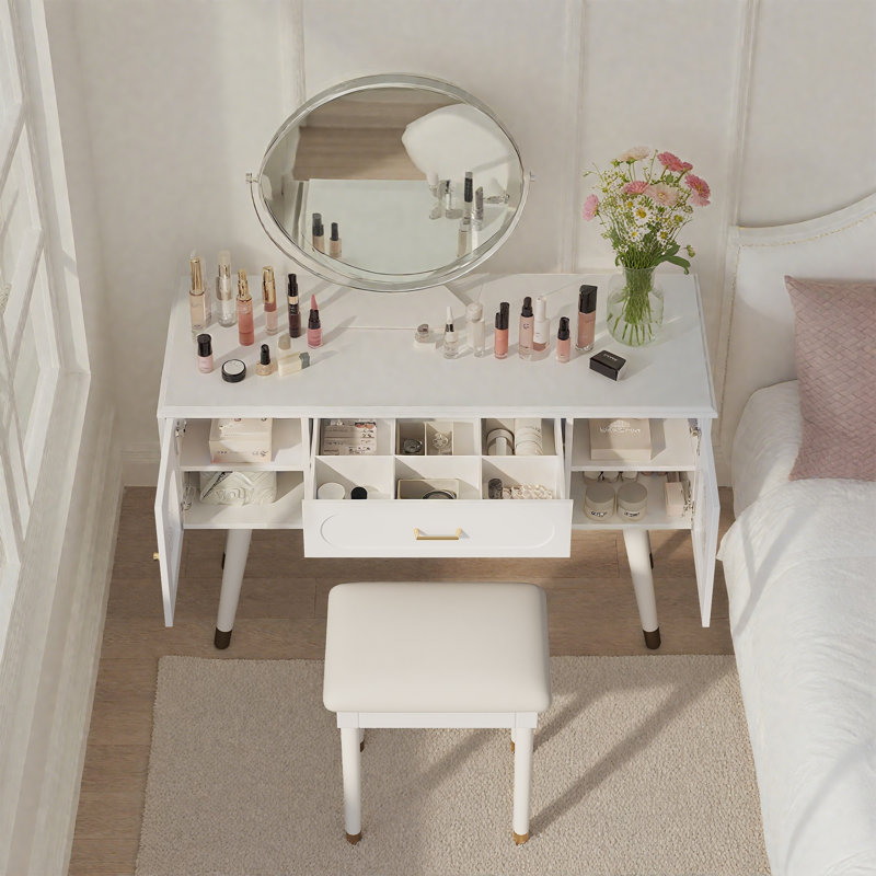 Modern Dressing Table with Organizer,Elegant Vanity Makeup Desk and Chair Set with Charging Port, White