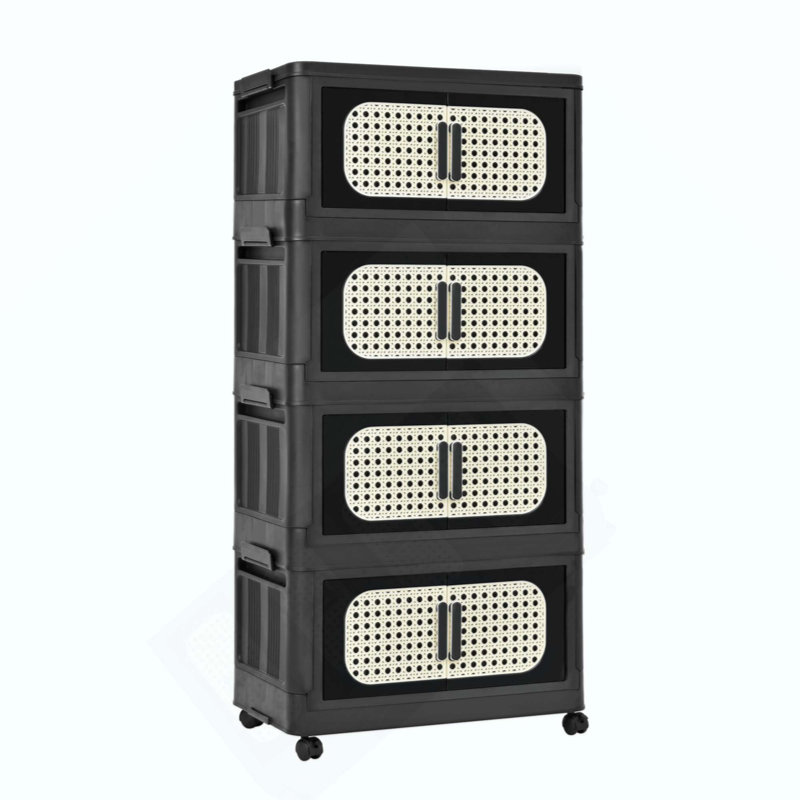 Folding Storage Cabinet ,4 Tiers,Collapsible Storage Bins With Magnetic Door, Plastic Storage Cabinet With Wheels, Black