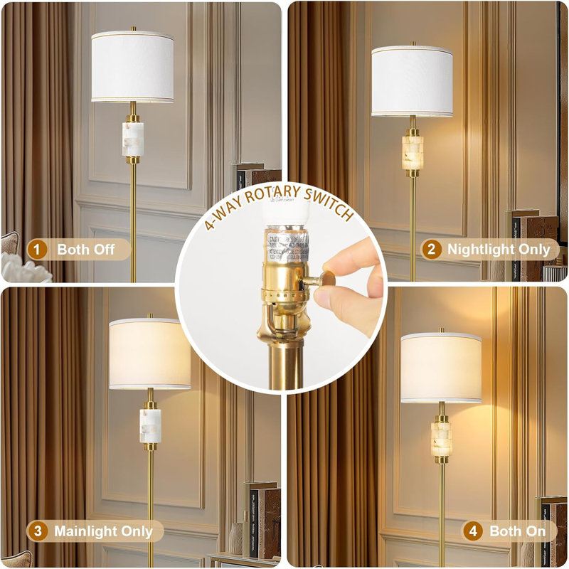Natural Alabaster Rustic Floor Lamp With Night Light For Living Room,Marble Base Standing Lamp With White Linen Fabric Shade, Warm Gold Finish Tall Lamps For Reading, Bedroom (Bulb Included)