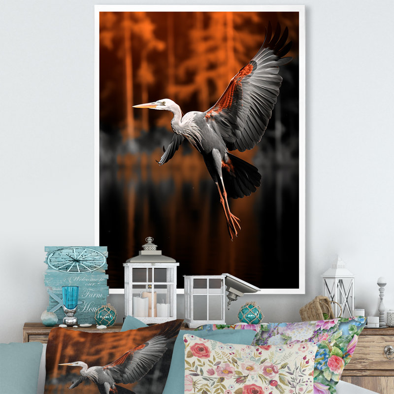 Reproduction d'art sur toile, "Heron gracieux en automne II" par Lazavier, H 32 po x l 16 po x P 1 po, Cadre photo blanc