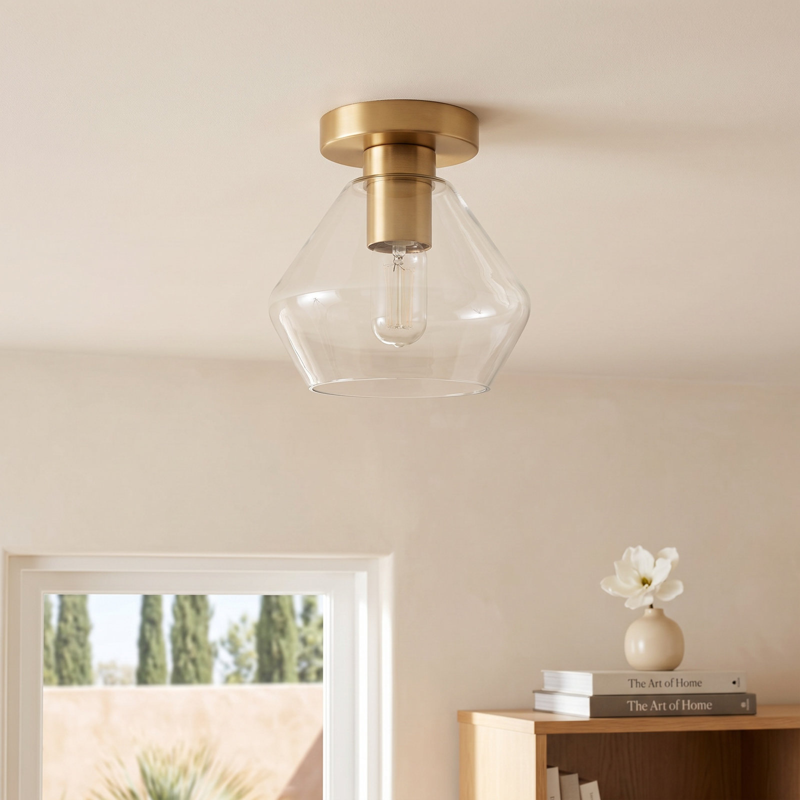 Rooks Single Light Glass Semi Flush Mount, Satin Brass