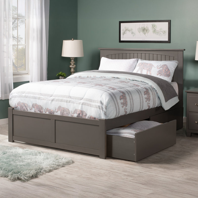 Lit plateforme en bois massif avec pied de lit et tiroirs de rangement Kindig, Gris, Double