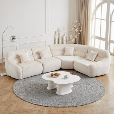 Plush 123" Curved Corner Sectional Sofa, Chenille Cloud Sofa Set with 4 Pillows, Luxury 4-Seater Sofa for Living Room, Beige