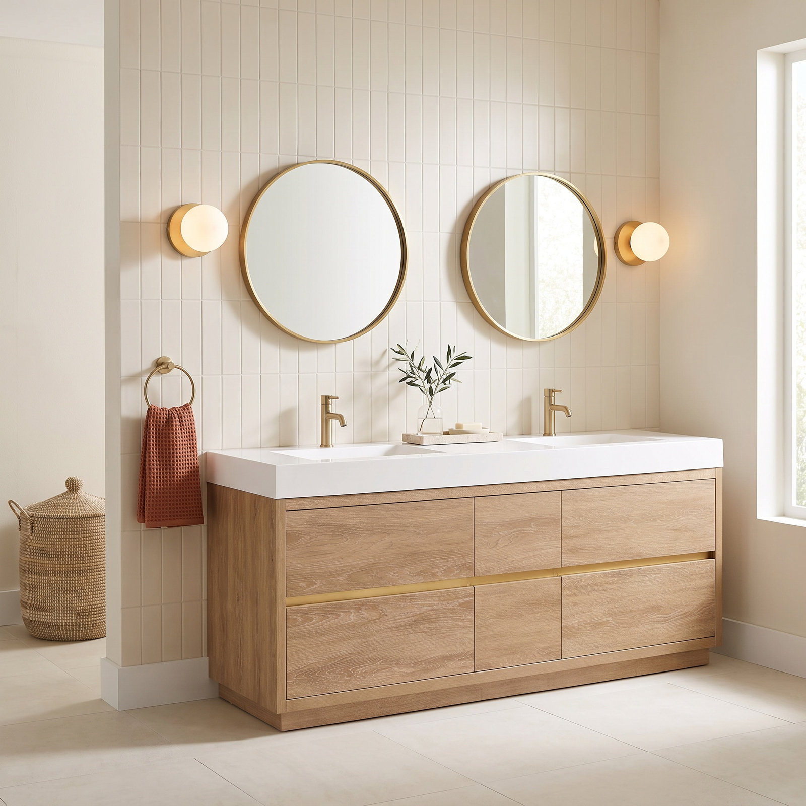 Beira 84" Double Bathroom Vanity, North American Oak