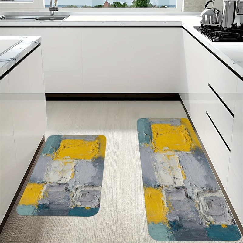 Tapis de cuisine antidérapants à motif géométrique jaune et gris