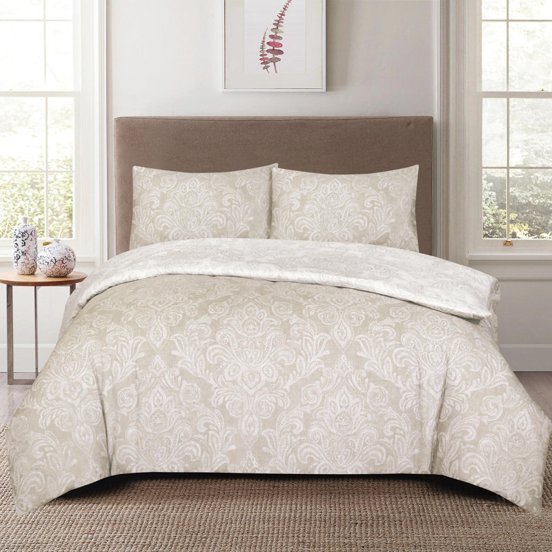 Duvet Cover Set with Pillowcases Cotton Rich Damask Pattern Bedding Soft Easy Care Wrinkle Resistant and Durable, Beige