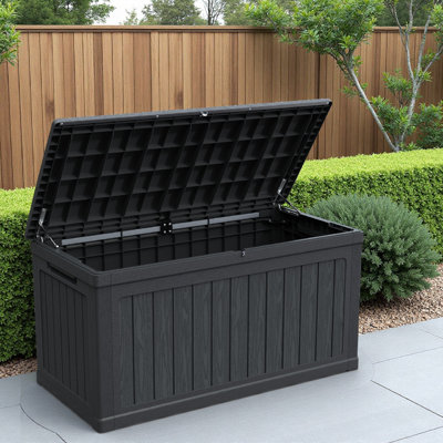Très grand coffre de terrasse en résine de 260 gallons, contenant de rangement extérieur imperméable avec couvercle verrouillable, charnières et cloison hydraulique, boîte de rangement de patio pour coussins, accessoires de piscine, outils de jardin