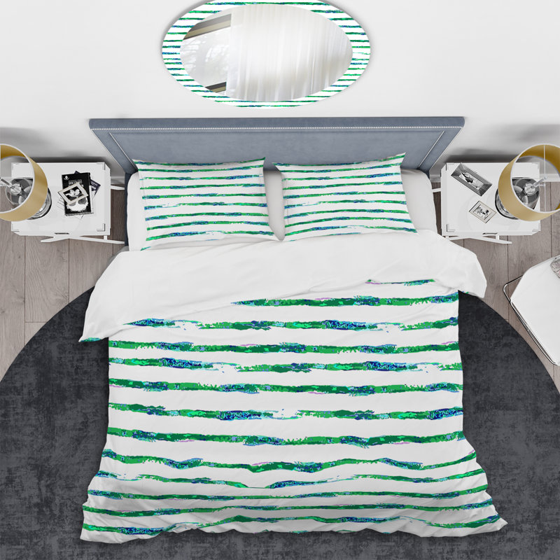 White and Green Striped Pattern - Abstract Duvet Cover Set - Microfiber Polyester