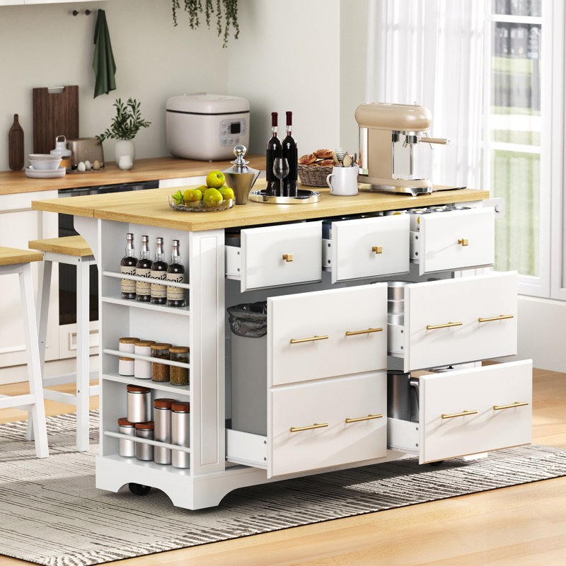Îlot de cuisine avec 6 tiroirs, poubelle coulissante, 5 roulettes, abattant, prise de courant et supports ouverts pour un rangement et une mobilité efficaces