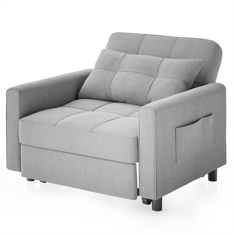3-in-1 Wide-Seat Upholstered Sleeper Sofa with Side Pockets for Living Room, Bedroom, Study, Gray Linen Blend