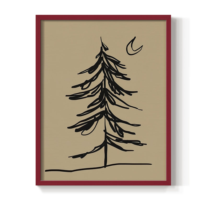 Croquis de sapin d'hiver I, reproduction encadrée - bois massif, Cadre rouge, H 15 po x l 12 po