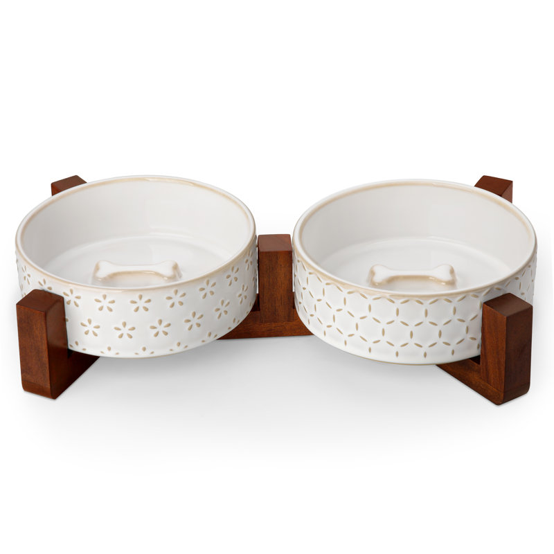 Hexagon & Flower Embossed Pattern Anti-skid Stoneware Elevated Feeder, 480ml