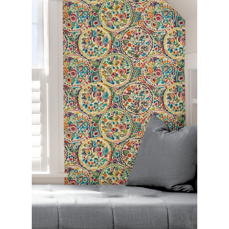 Papier peint adhésif bleu sarcelle Camille, Bleu / Jaune / Vert