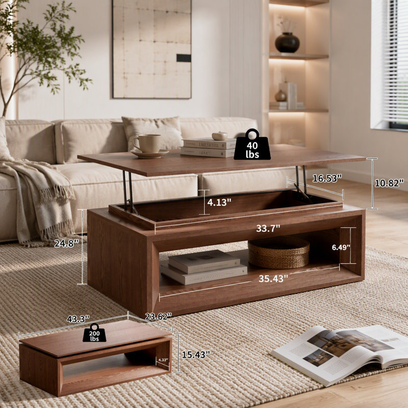 Table basse relevable avec rangement, Noyer