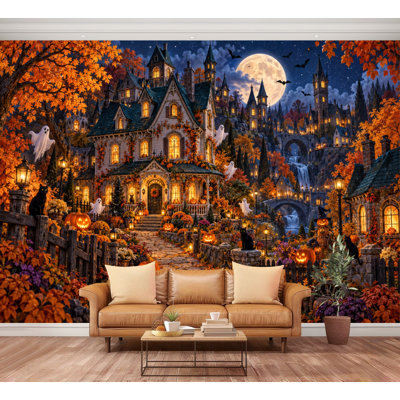 Wall Mural Peel and Stick Halloween Night Haunted House Pumpkin Decorations Spooky Large Wallpaper Self-Adhesive Removable Contact Paper Wall Decor for Living Room Bedroom Nursery 100"H x 144"W