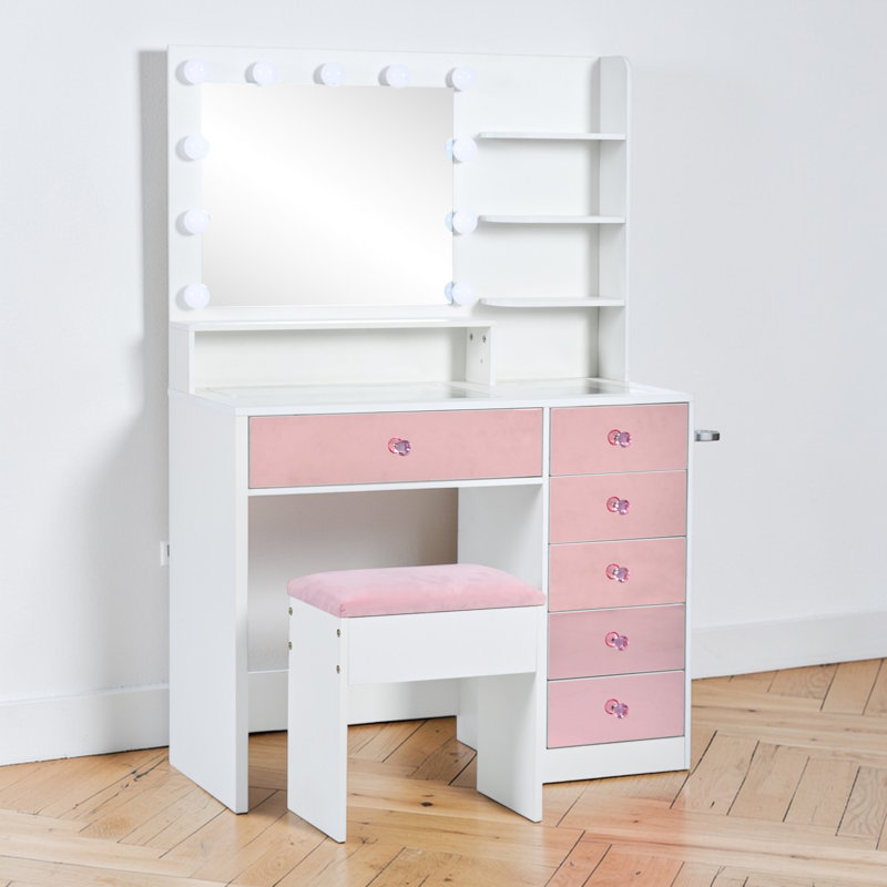 37" Makeup Vanity Set With Stool, Hollywood Lighted Mirror, Wood, Pink Mirrored Drawers, Contemporary, Bedroom Dressing Area