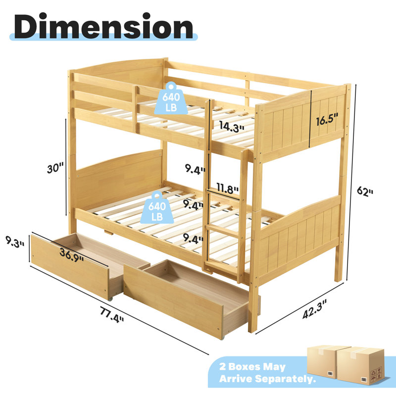 Bilal Twin Over Twin Solid Wood Bunk Bed With Drawers, Natural, Yellow