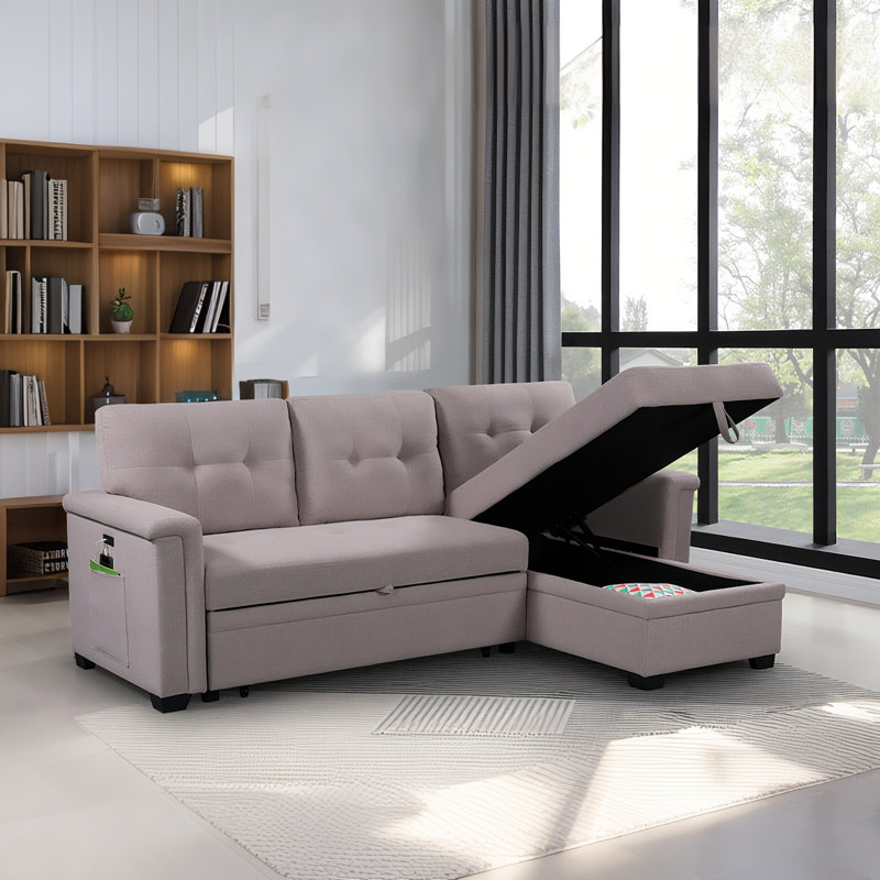 84" Reversible Sleeper Sectional Sofa With Storage Chaise,USB Charging Ports And Pocket, Light Gray