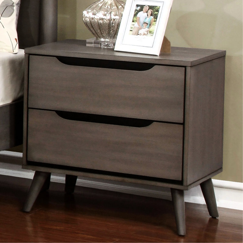 Chambre à coucher avec table de chevet moderne Mid-Century avec 2 tiroirs en bois massif gris