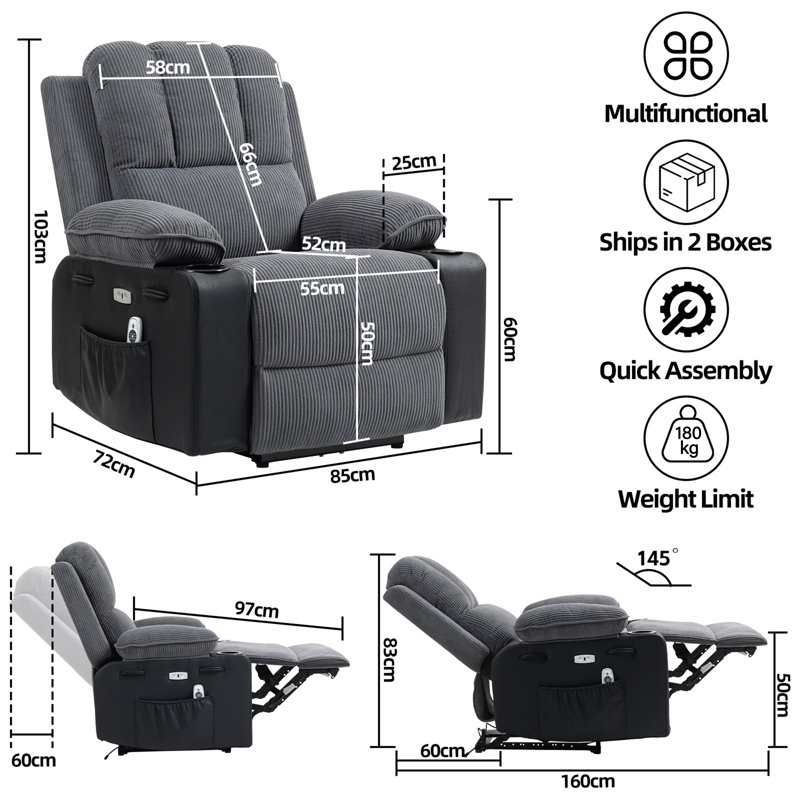 Upholstered Recliner Heated Massage Chair, Blue, Yes