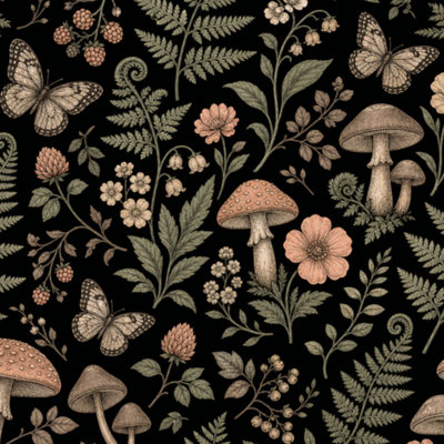 Peel and Stick Wallpaper Mushrooms Black Vintage Woodland Fern Moth Mushroom Fern Leaf Contact Paper Removable Self Adhesive Wall Mural Wall Decor for Bedroom Kitchen Cabinets 17.7in x 118in