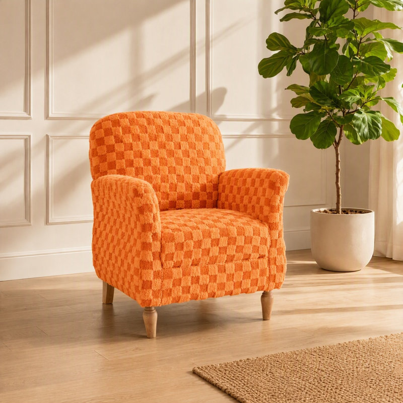Chaise d'appoint rembourrée à carreaux avec pieds en bois massif, Orange