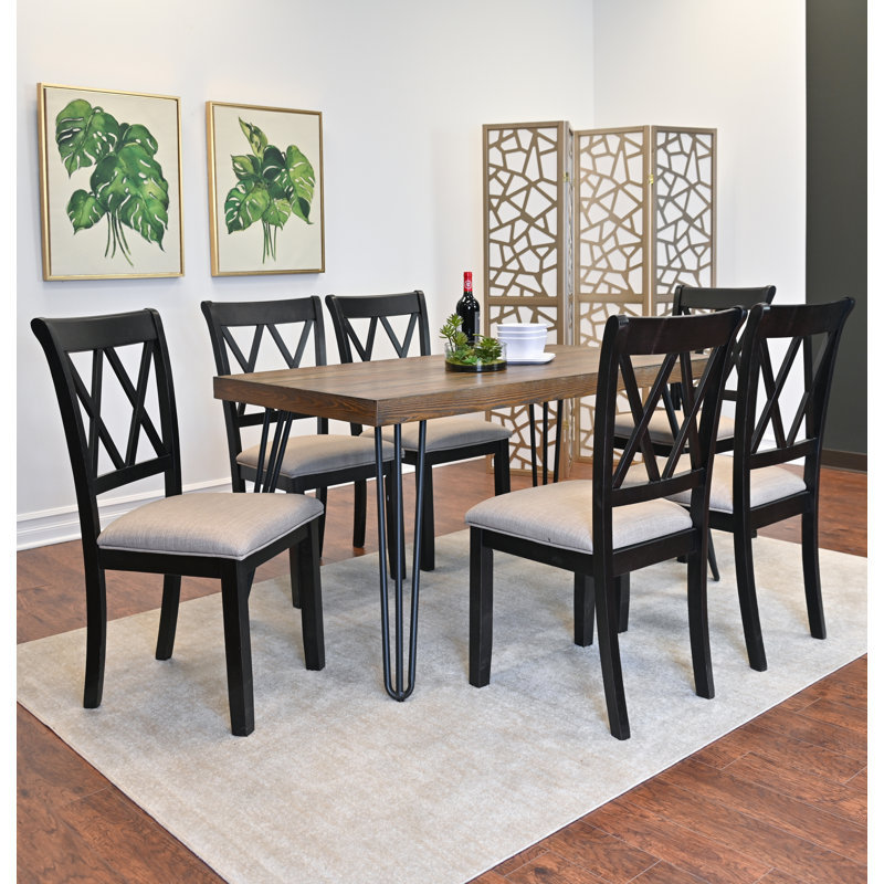 Ensemble de salle à manger 7 pièces, table à manger en épingle à cheveux avec 6 chaises à dossier croisé, noir riche