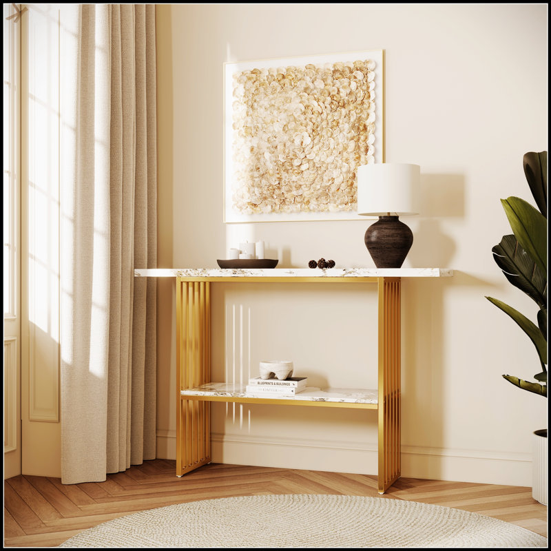 Modern Luxury Gold Metal Frame Console Table, Chic Entryway Table With Storage Shelf For Living Room Decor