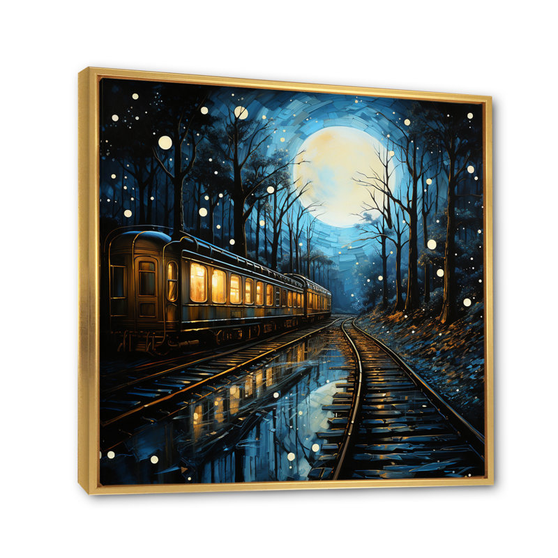 Train Luminous Trails Pointillism - reproduction sur toile, H 16 po x l 16 po x P 1 po, Cadre flottant doré