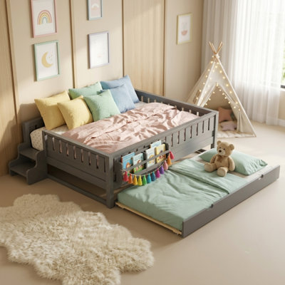 Lit pour enfant en bois massif avec lit gigogne, bibliothèque intégrée et petit escalier, lit pour tout-petit Safe Guardrail