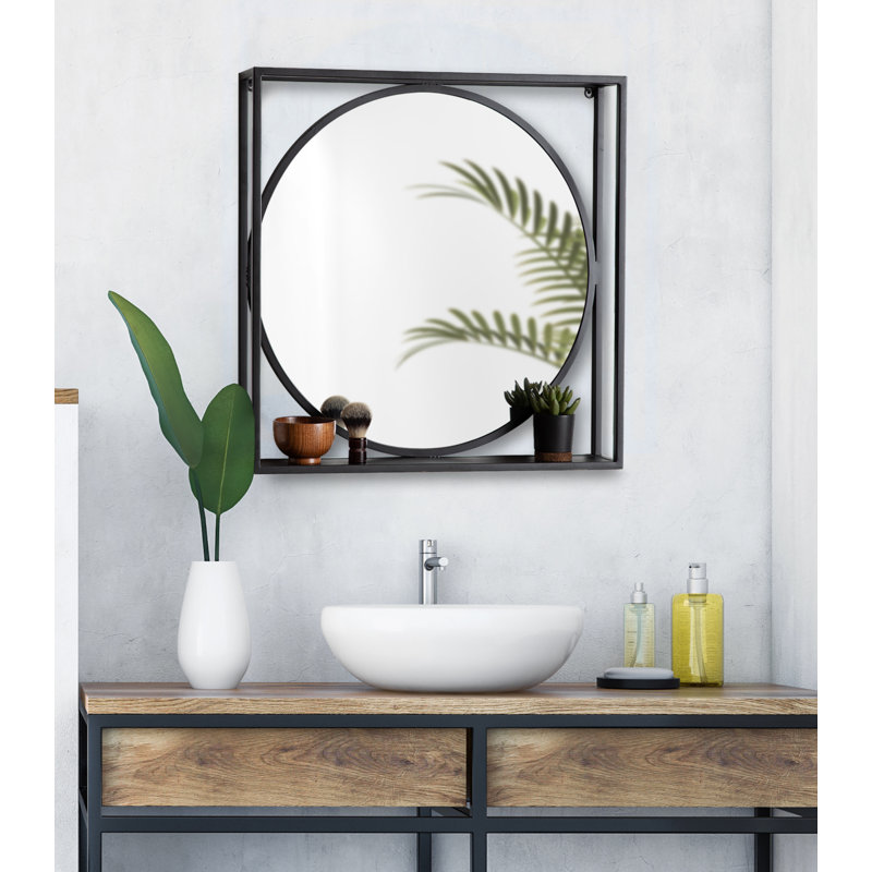 Ediline Metal Flat Mirror with Shelves, Black
