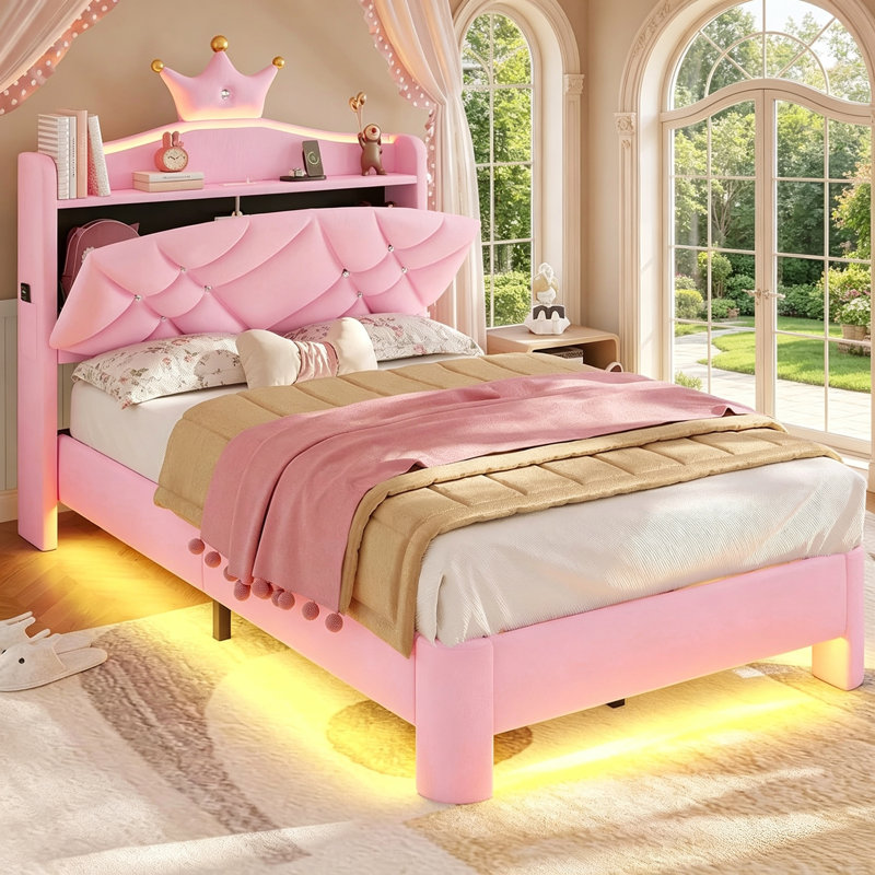 Lit plateforme tapissier en velours avec mobilier de chambre à coucher pour enfants Crown, Lit simple, Rose