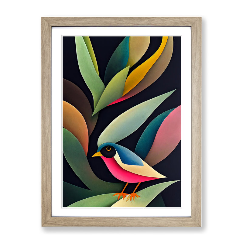 Curious Bird - Single Picture Frame Painting, 64cm H x 46cm W x 2cm D, Oak Framed